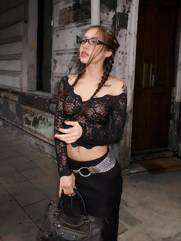 Style Core Aesthetics, New Style Trends - Lace Sheer Off Shoulder Top