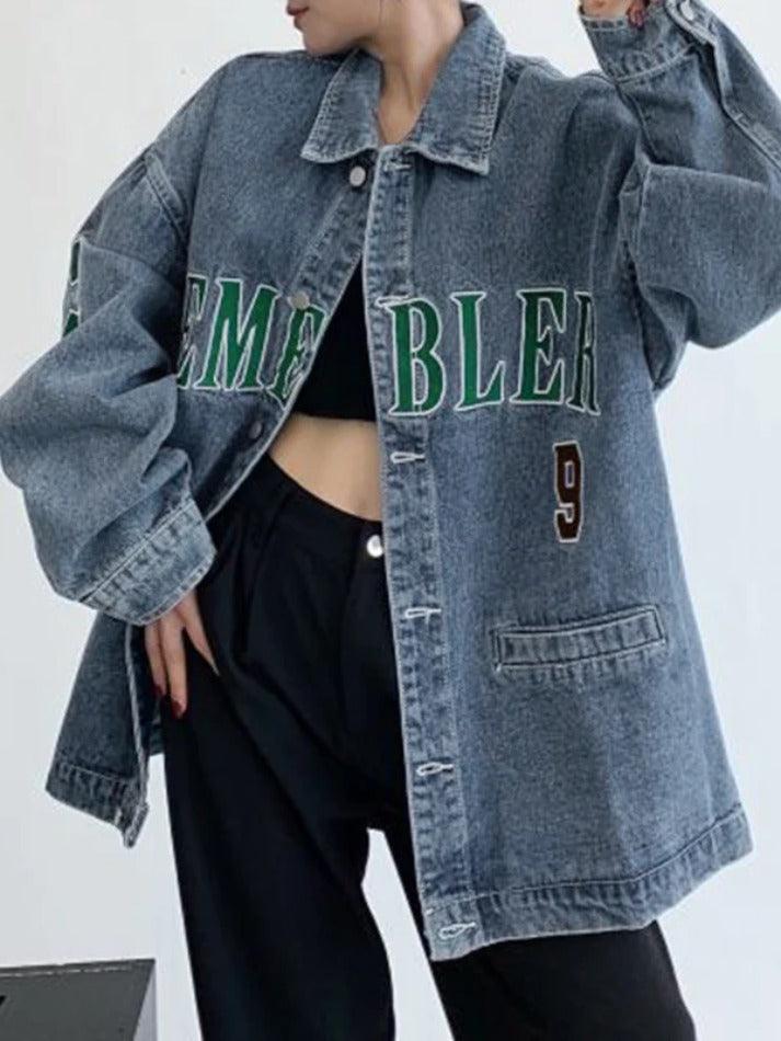 Style Core Aesthetics, New Style Trends - Letter Embroidery Oversized Denim Jacket