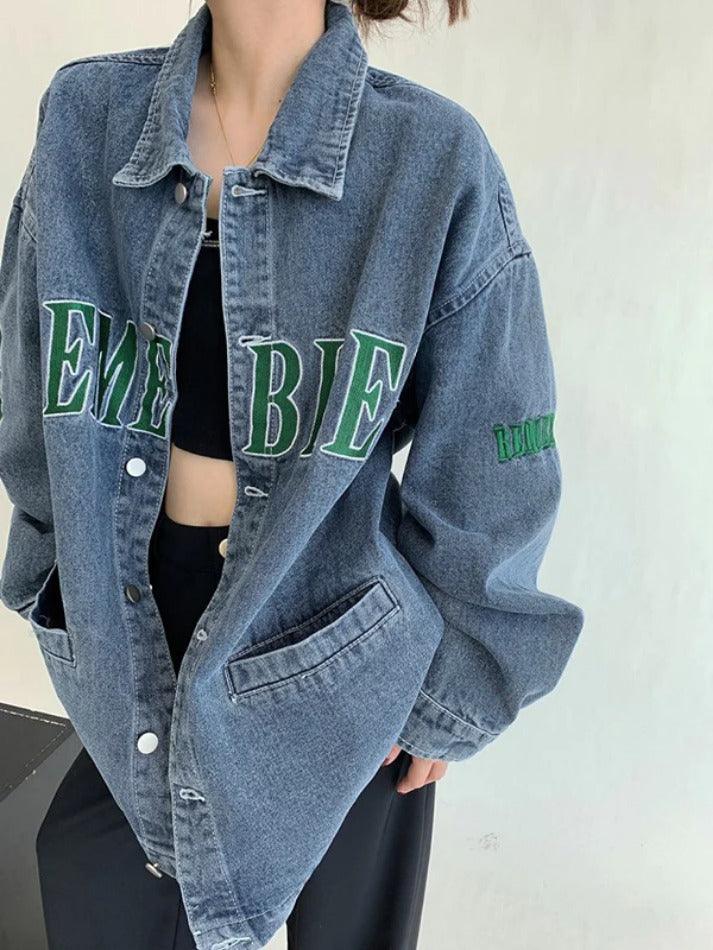 Style Core Aesthetics, New Style Trends - Letter Embroidery Oversized Denim Jacket