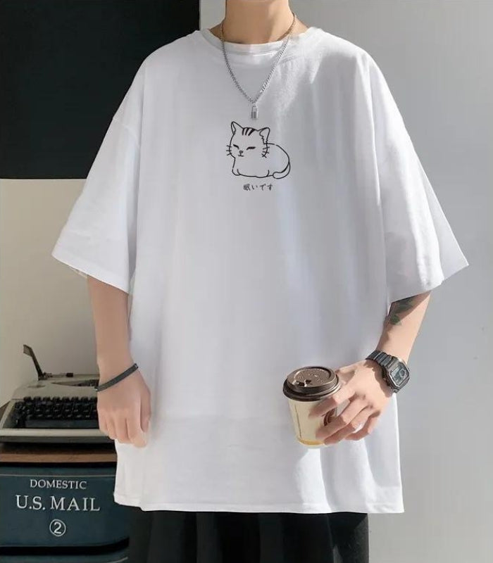 Style Core Aesthetics, New Style Trends - Lying Cat Drop Shoulder Tee