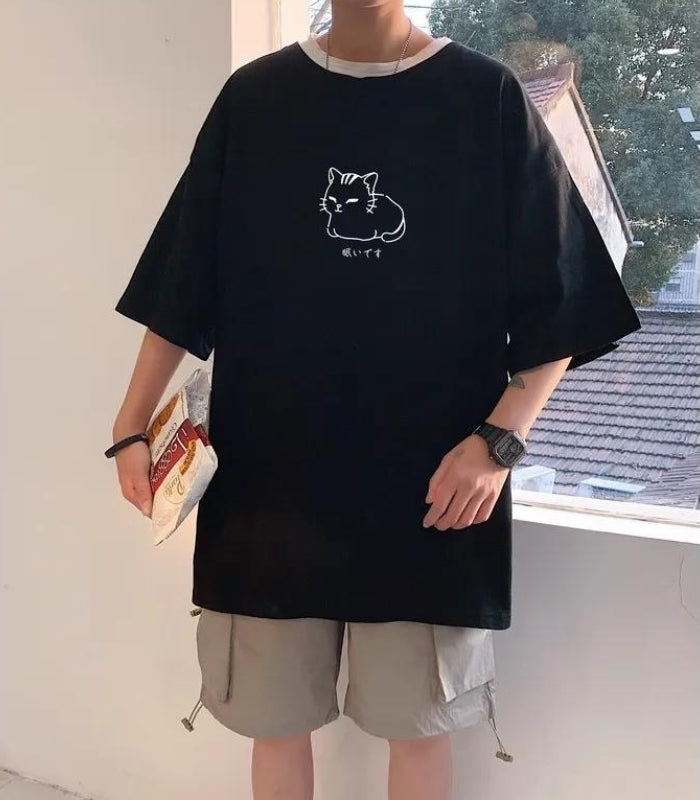 Style Core Aesthetics, New Style Trends - Lying Cat Drop Shoulder Tee