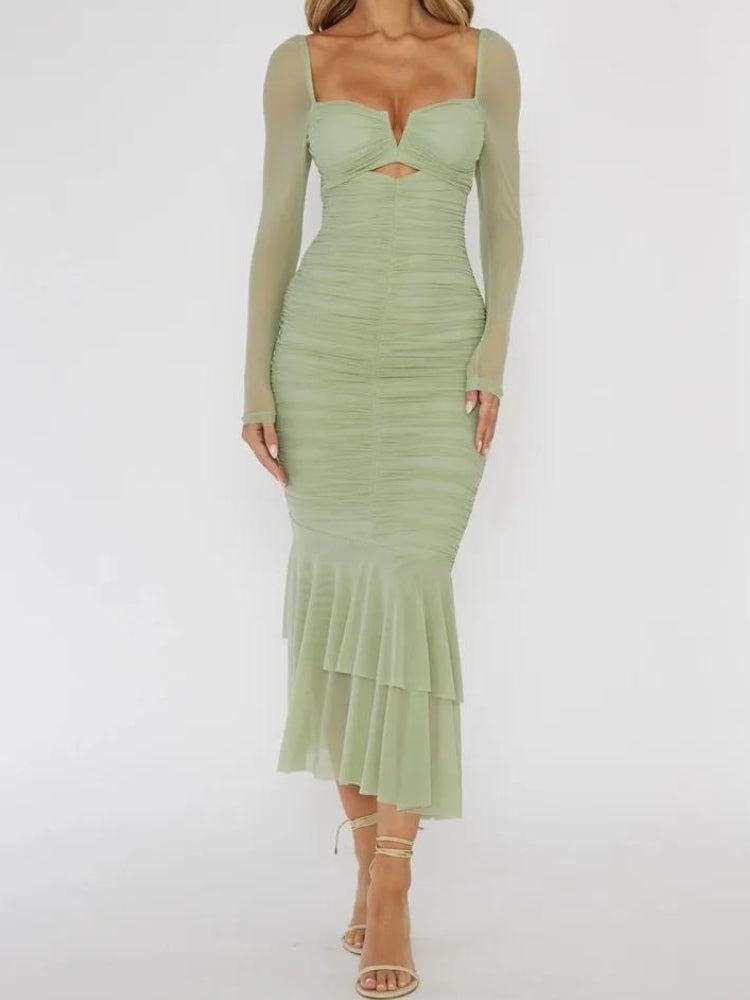 Style Core Aesthetics, New Style Trends - Mesh Ruched Bodycon Midi Dress