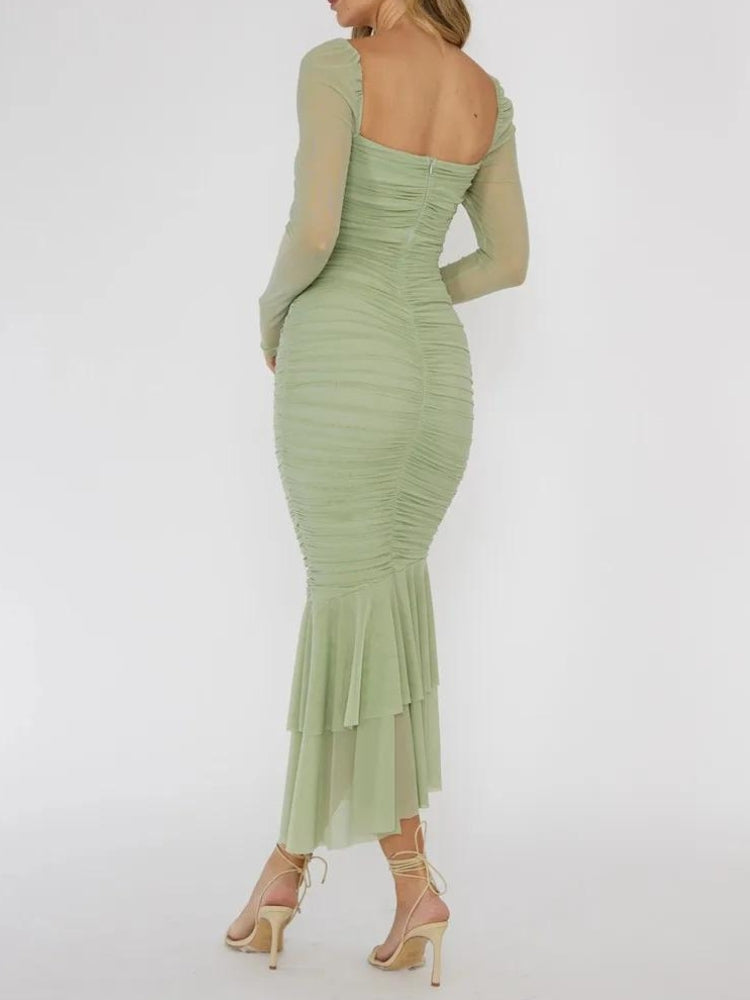 Style Core Aesthetics, New Style Trends - Mesh Ruched Bodycon Midi Dress