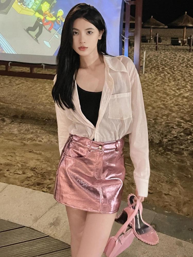 Style Core Aesthetics, New Style Trends - Metallic Faux Leather Mini Skirt