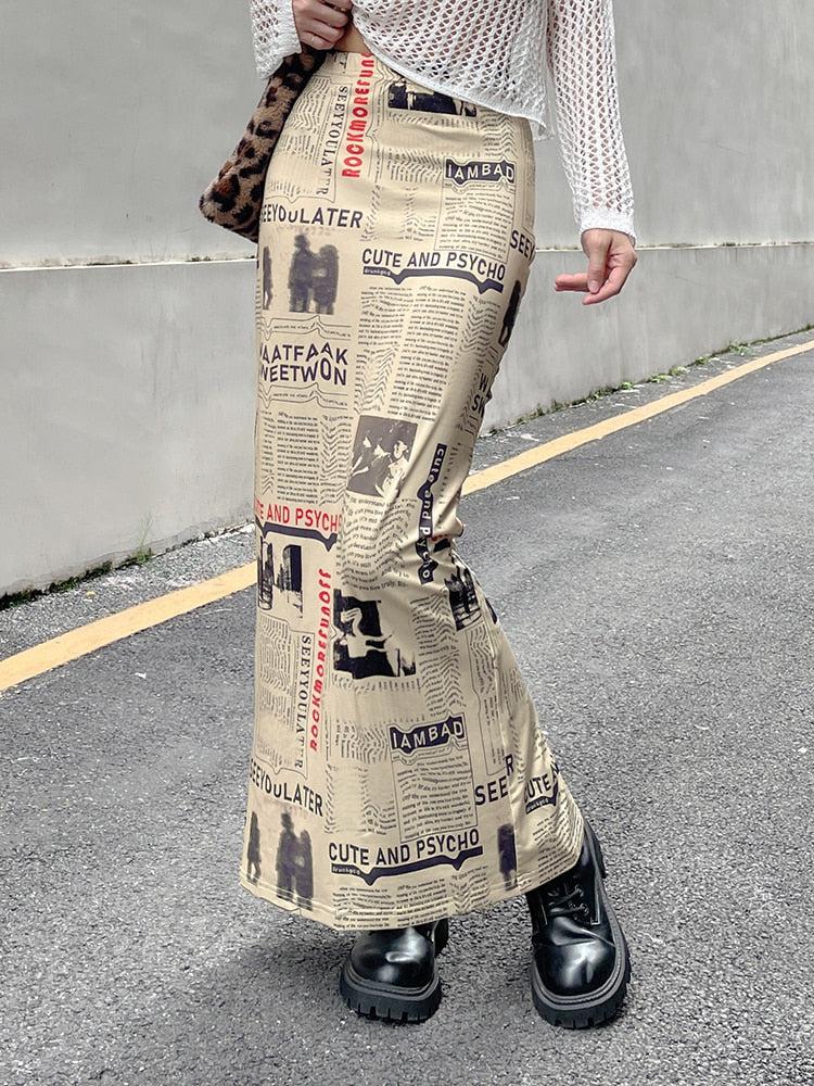 Style Core Aesthetics, New Style Trends - Newspaper Printed Maxi Skirt