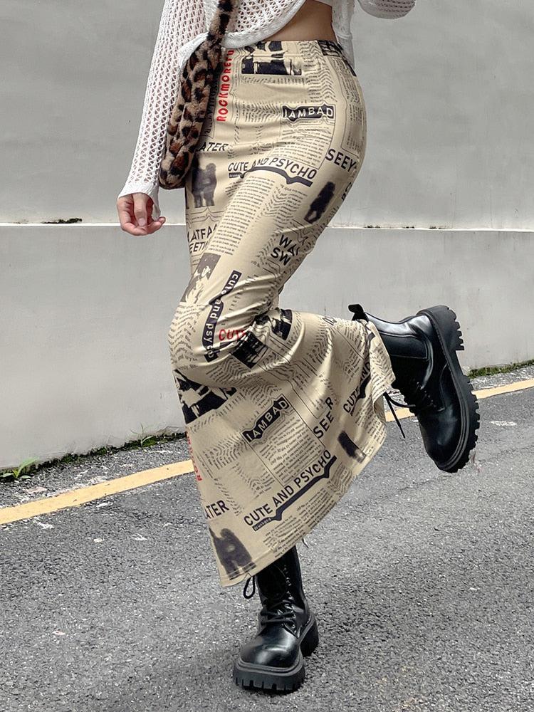 Style Core Aesthetics, New Style Trends - Newspaper Printed Maxi Skirt