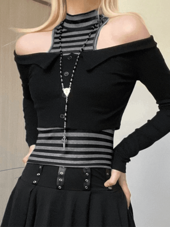 Style Core Aesthetics, New Style Trends - Off Shoulder Long Sleeve Top & Striped Tank Set