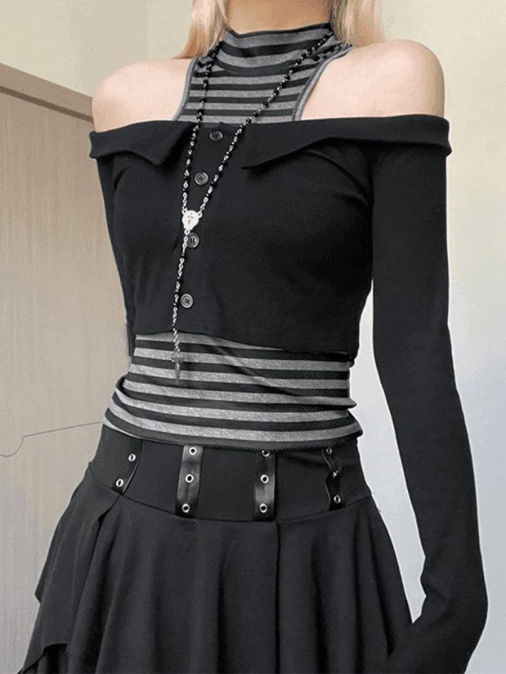 Style Core Aesthetics, New Style Trends - Off Shoulder Long Sleeve Top & Striped Tank Set