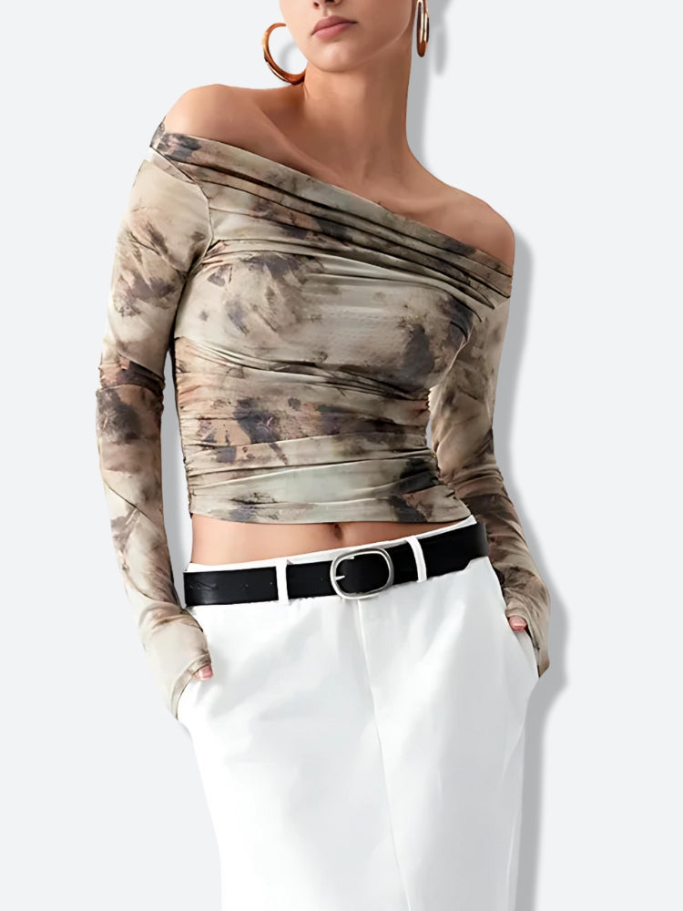 Style Core Aesthetics, New Style Trends - Off Shoulder Ruched Mesh Top