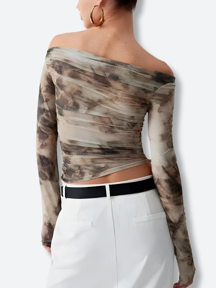 Style Core Aesthetics, New Style Trends - Off Shoulder Ruched Mesh Top