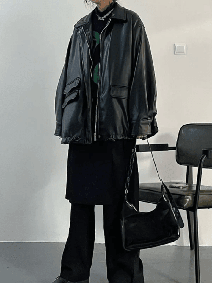 Style Core Aesthetics, New Style Trends - Oversized Black Faux Leather Jacket