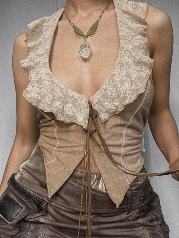 Style Core Aesthetics, New Style Trends - Panel Lace Tie Front Halter Tank Top
