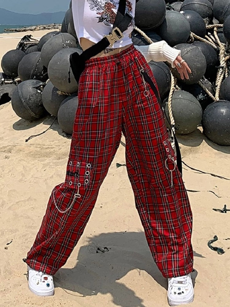 Style Core Aesthetics, New Style Trends - Pantalon Cargo Motif Carreaux Rouge Punk