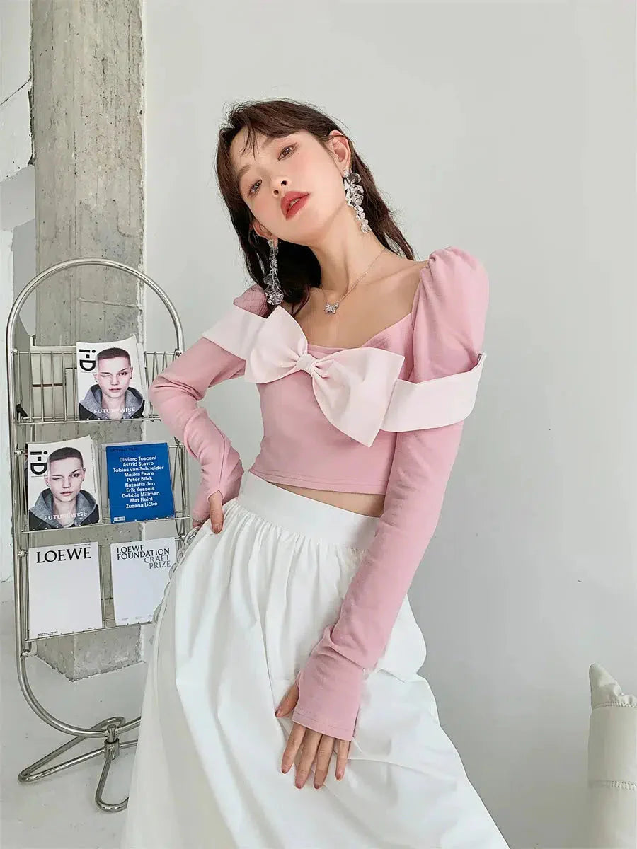 Style Core Aesthetics, New Style Trends - Puff Shoulder Bow Crop Top