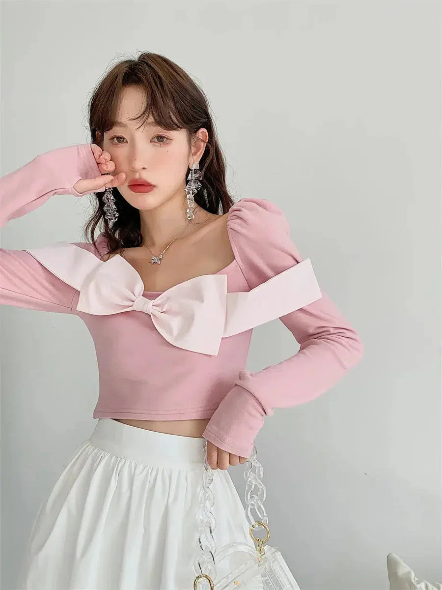 Style Core Aesthetics, New Style Trends - Puff Shoulder Bow Crop Top