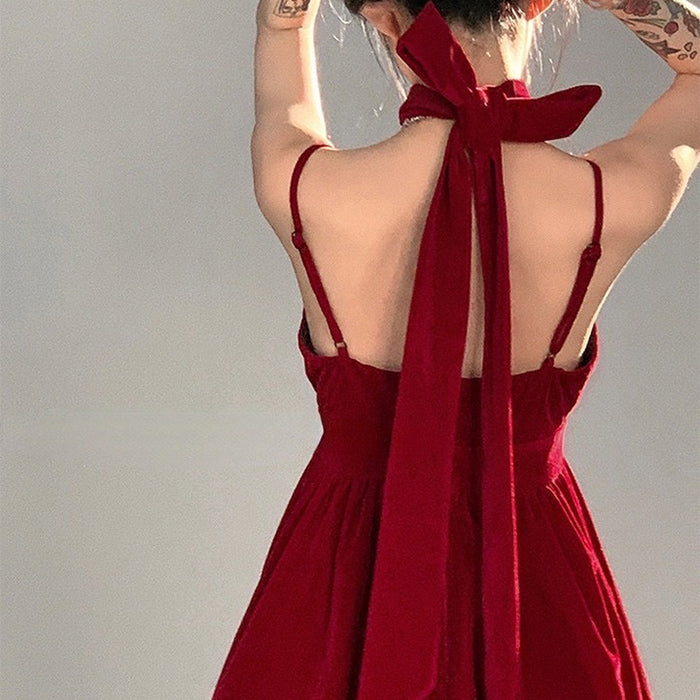Style Core Aesthetics, New Style Trends - Red Velvet Halter Dress