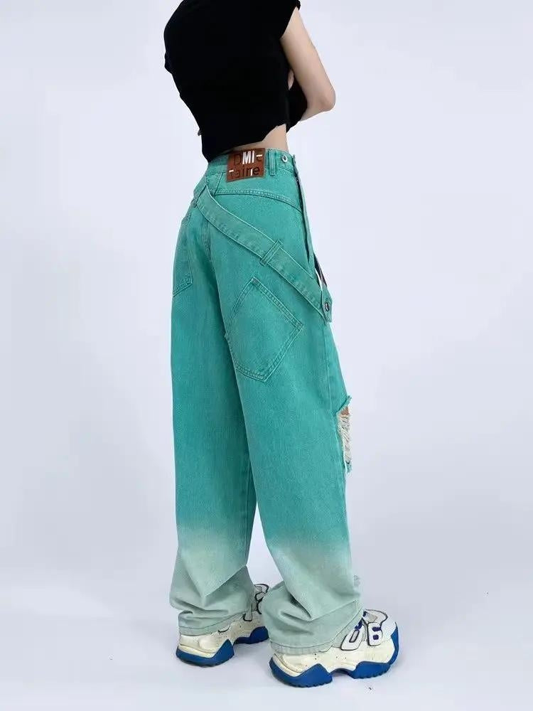 Style Core Aesthetics, New Style Trends - Ripped Denim Strap Baggy Jeans