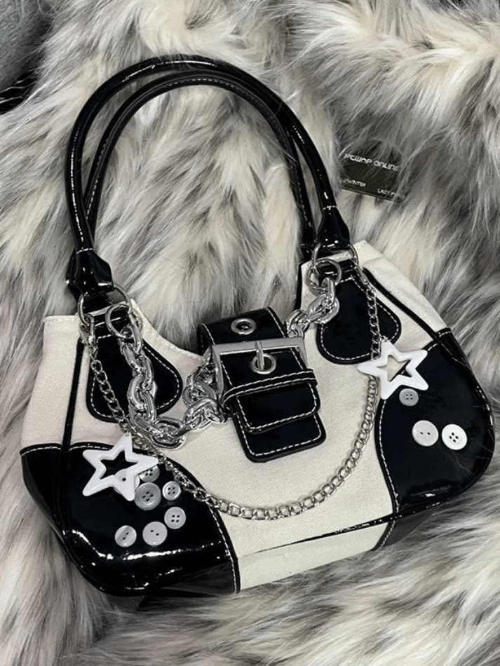 Style Core Aesthetics, New Style Trends - Sac à Bandoulière à Boucle Patchwork Orné de Chaînes d'Étoiles