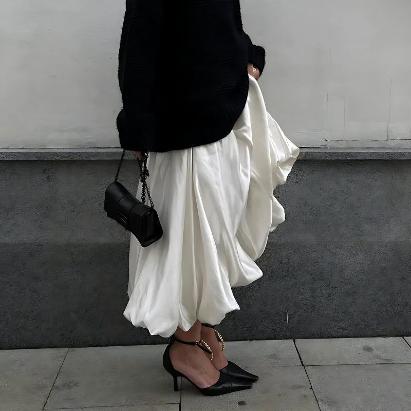 Style Core Aesthetics, New Style Trends - Satin A-Line Bubble Midi Skirt