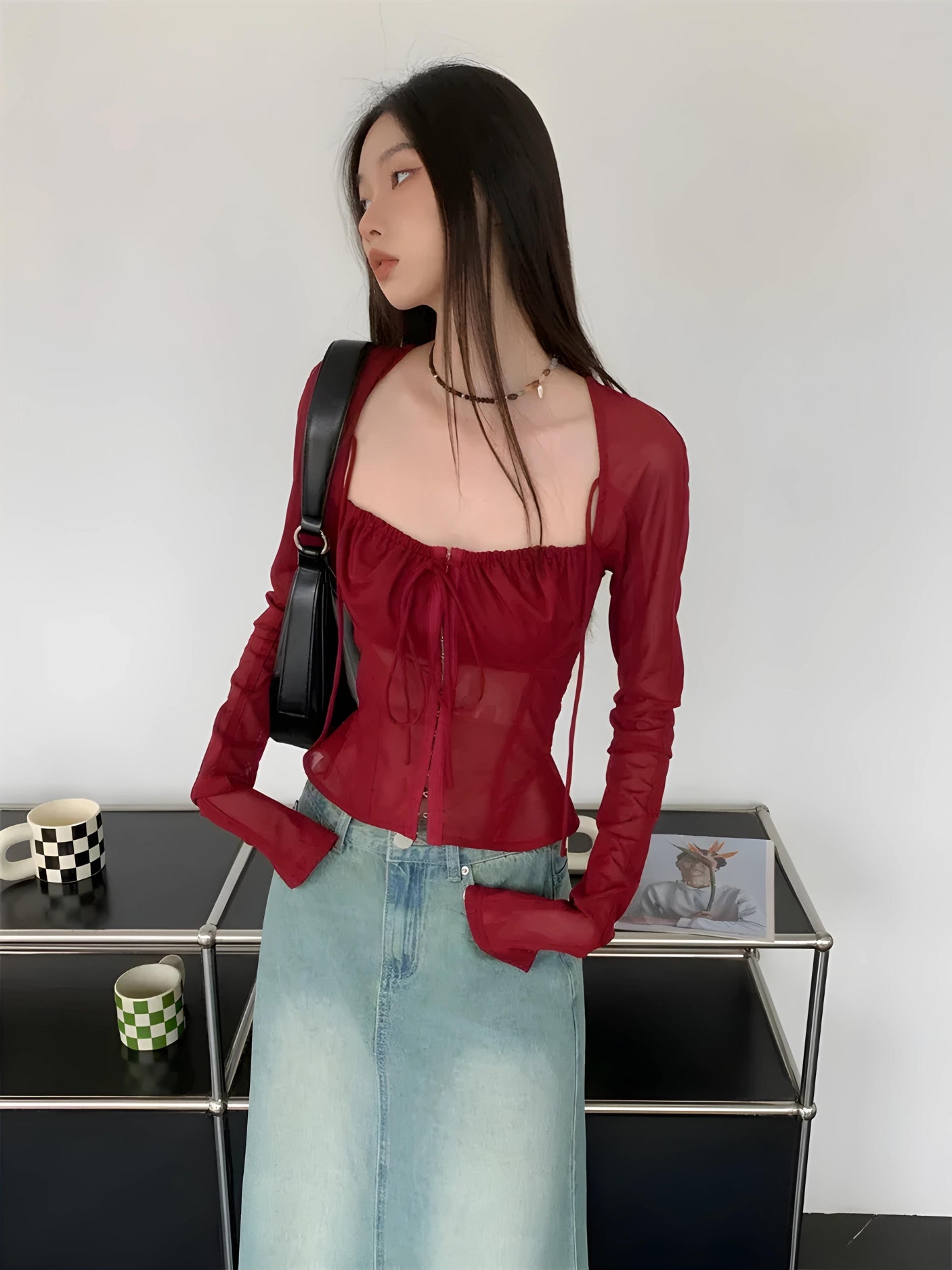 Style Core Aesthetics, New Style Trends - Sheer Ruched Lace Up Top