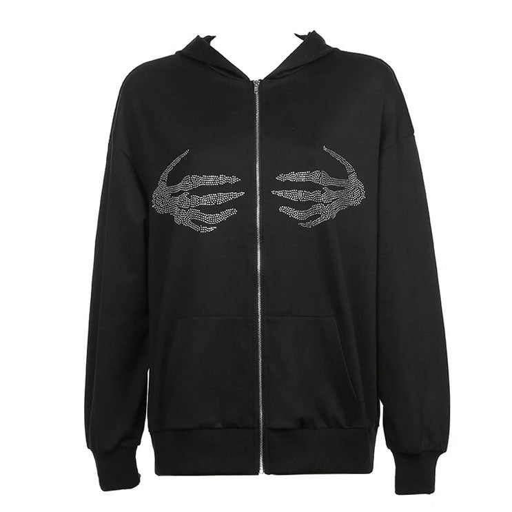 Style Core Aesthetics, New Style Trends - Skeleton Hands Rhinestone Hoodie