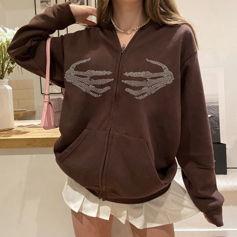Style Core Aesthetics, New Style Trends - Skeleton Hands Rhinestone Hoodie