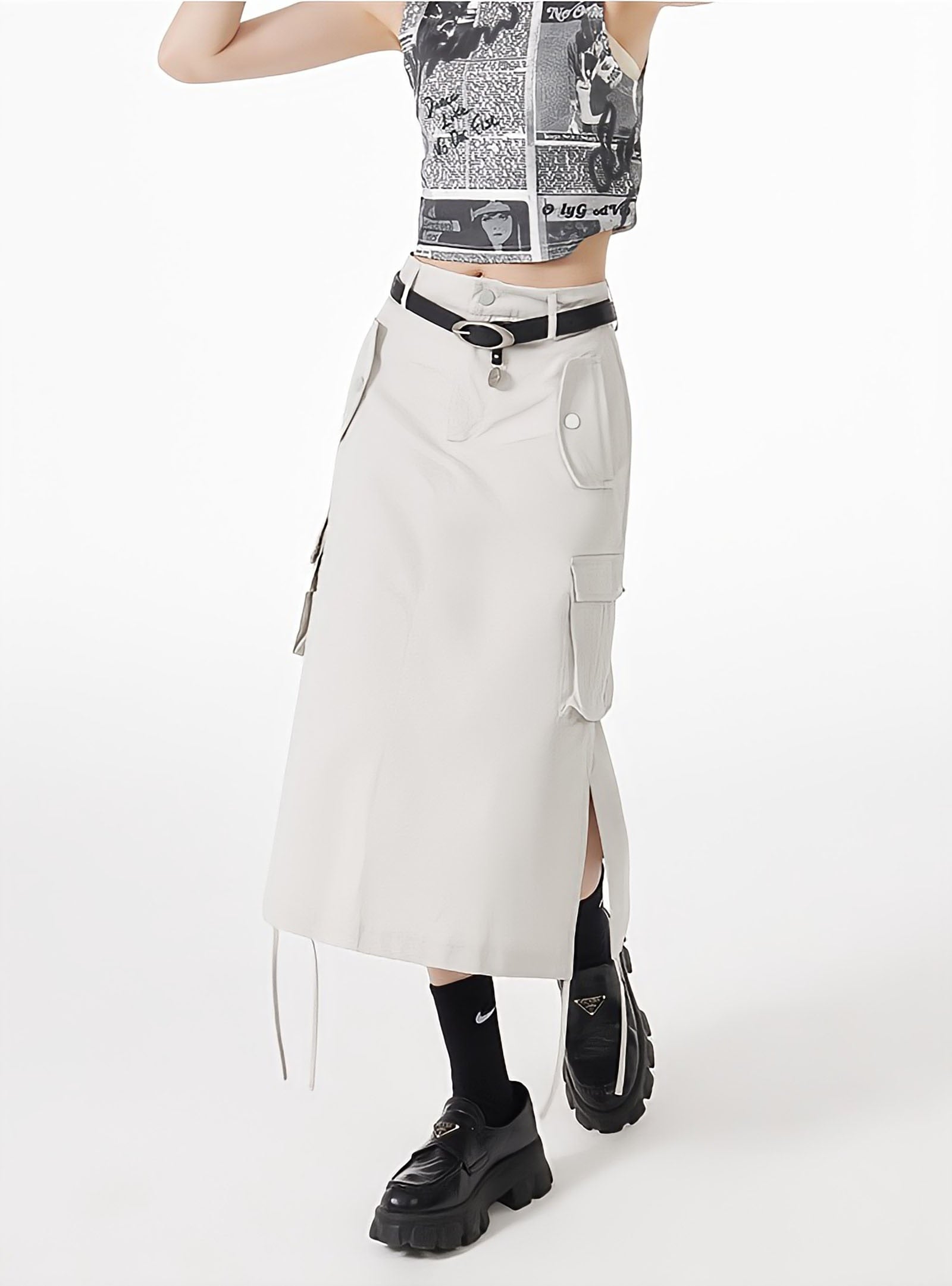Style Core Aesthetics, New Style Trends - Slit & String Detailed Cargo Midi Skirt