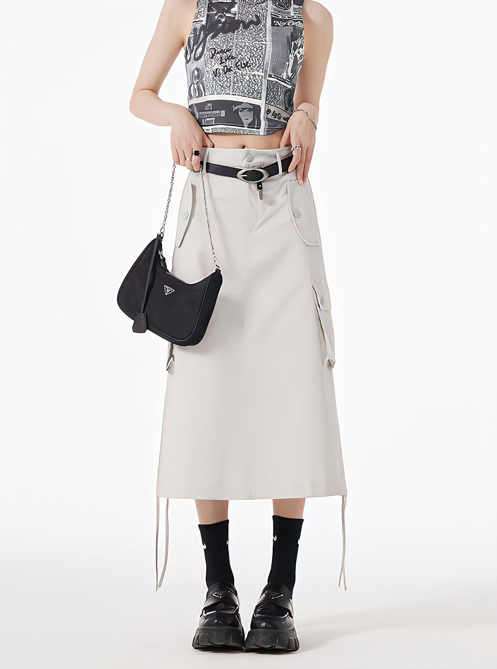 Style Core Aesthetics, New Style Trends - Slit & String Detailed Cargo Midi Skirt