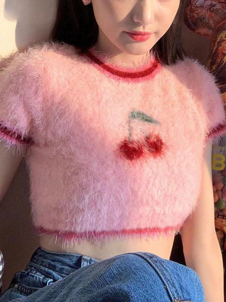 Style Core Aesthetics, New Style Trends - Soft Girl Cherry Fluffy Crop Top
