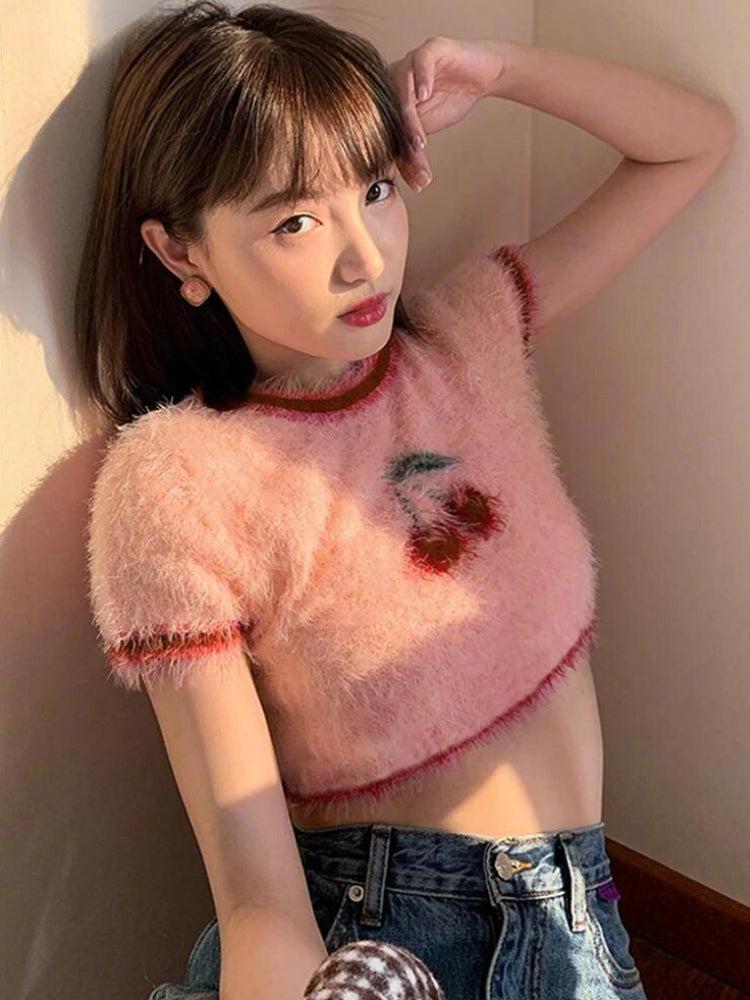 Style Core Aesthetics, New Style Trends - Soft Girl Cherry Fluffy Crop Top