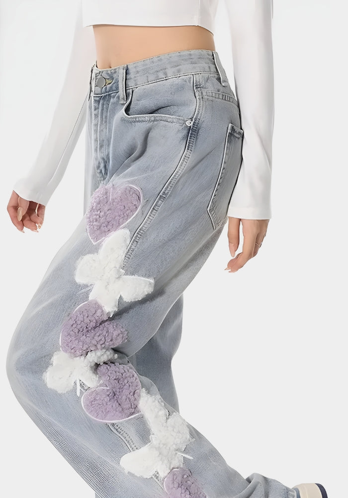 Style Core Aesthetics, New Style Trends - Soft Girl Fluffy Heart Butterfly Jeans