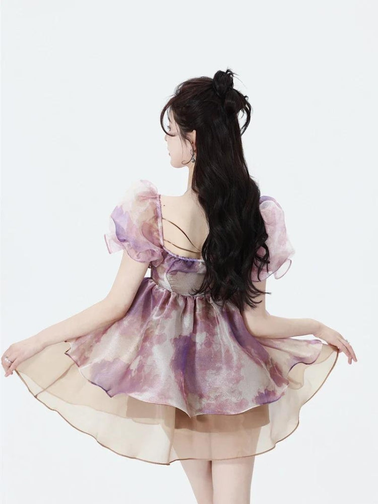 Style Core Aesthetics, New Style Trends - Soft Girl Puff Sleeve Layered Mini Dress
