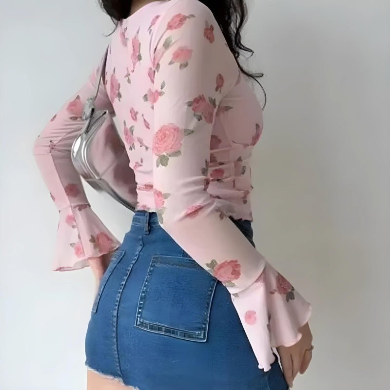 Style Core Aesthetics, New Style Trends - Soft Girl Rose Garden Mesh Top