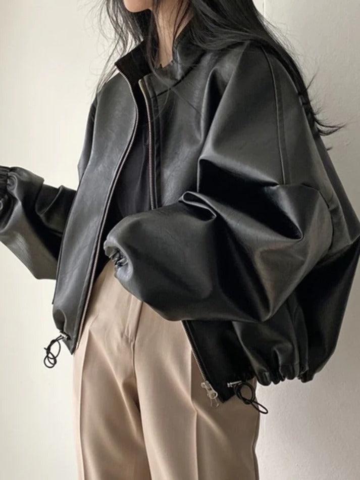 Style Core Aesthetics, New Style Trends - Solid Big Pocket Drawstring Collar Neck Leather Jacket