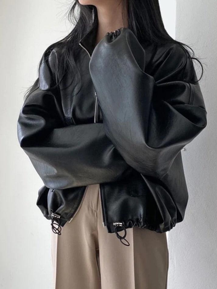 Style Core Aesthetics, New Style Trends - Solid Big Pocket Drawstring Collar Neck Leather Jacket