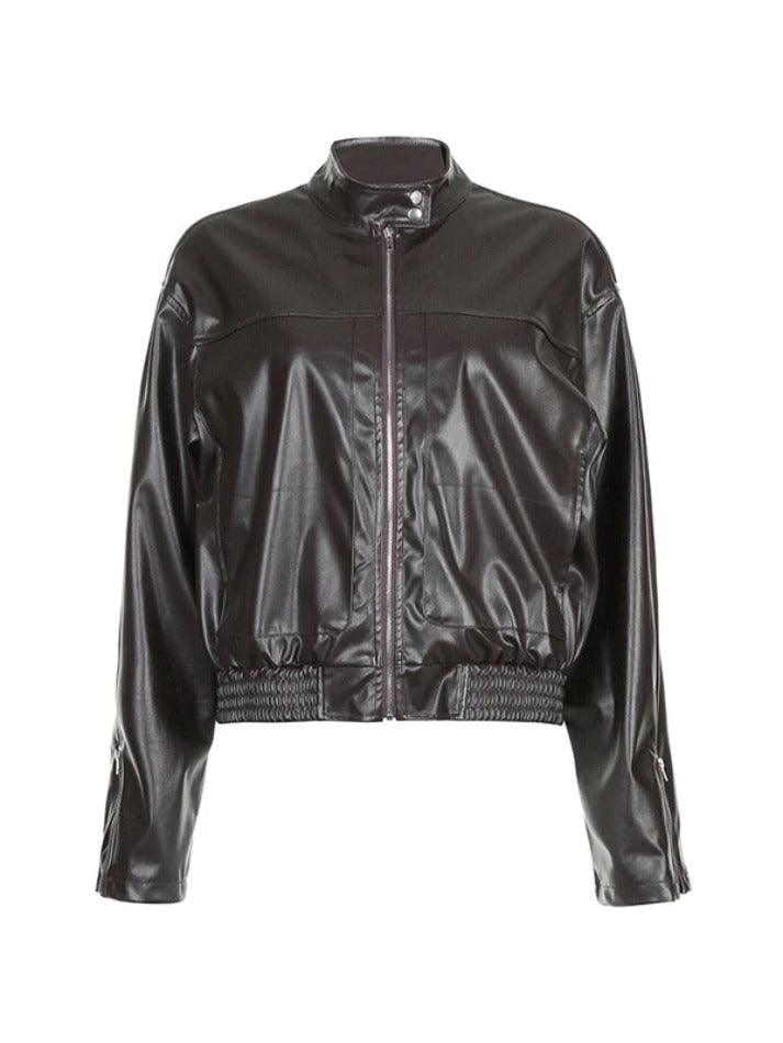 Style Core Aesthetics, New Style Trends - Solid Collar Neck Leather Motorcycle Jacket