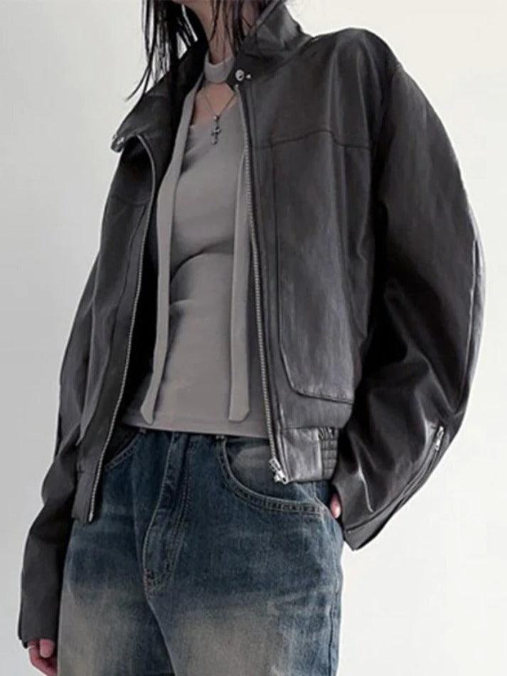 Style Core Aesthetics, New Style Trends - Solid Collar Neck Leather Motorcycle Jacket