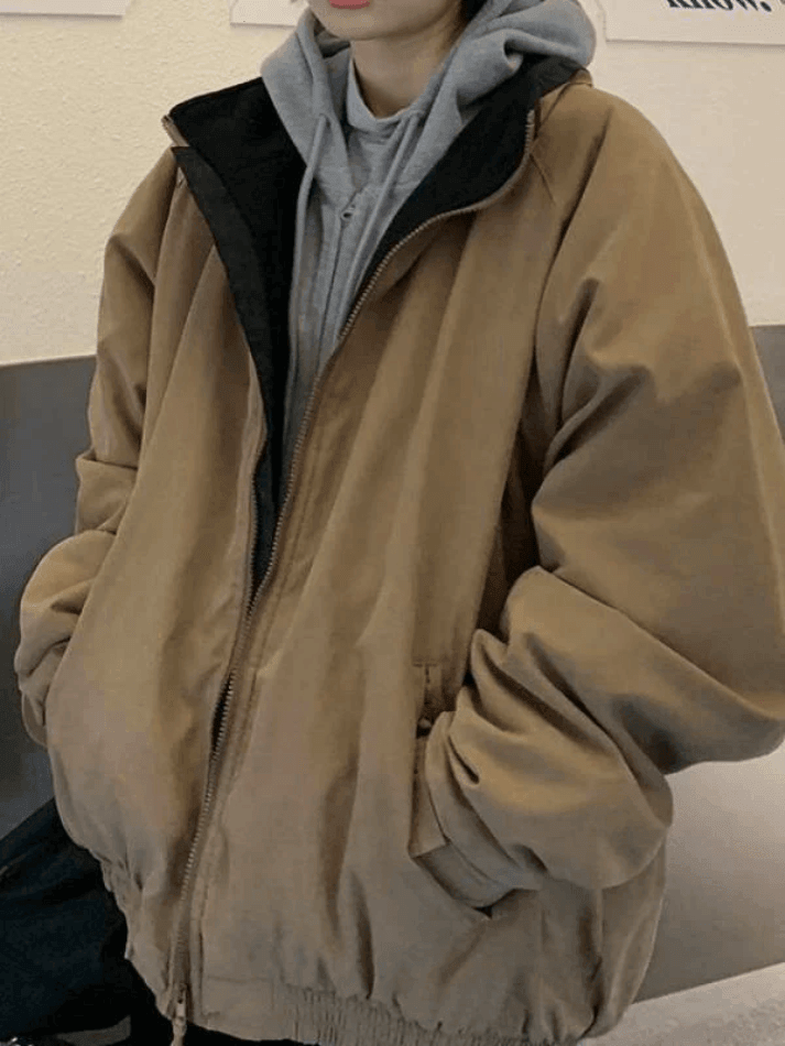Style Core Aesthetics, New Style Trends - Solid Color Vintage Zip-Up Jacket