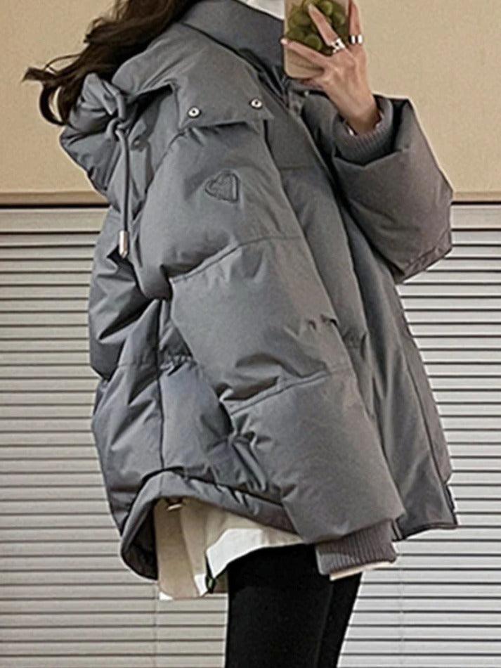 Style Core Aesthetics, New Style Trends - Solid Heart Embellished Hooded Puffer Jacket