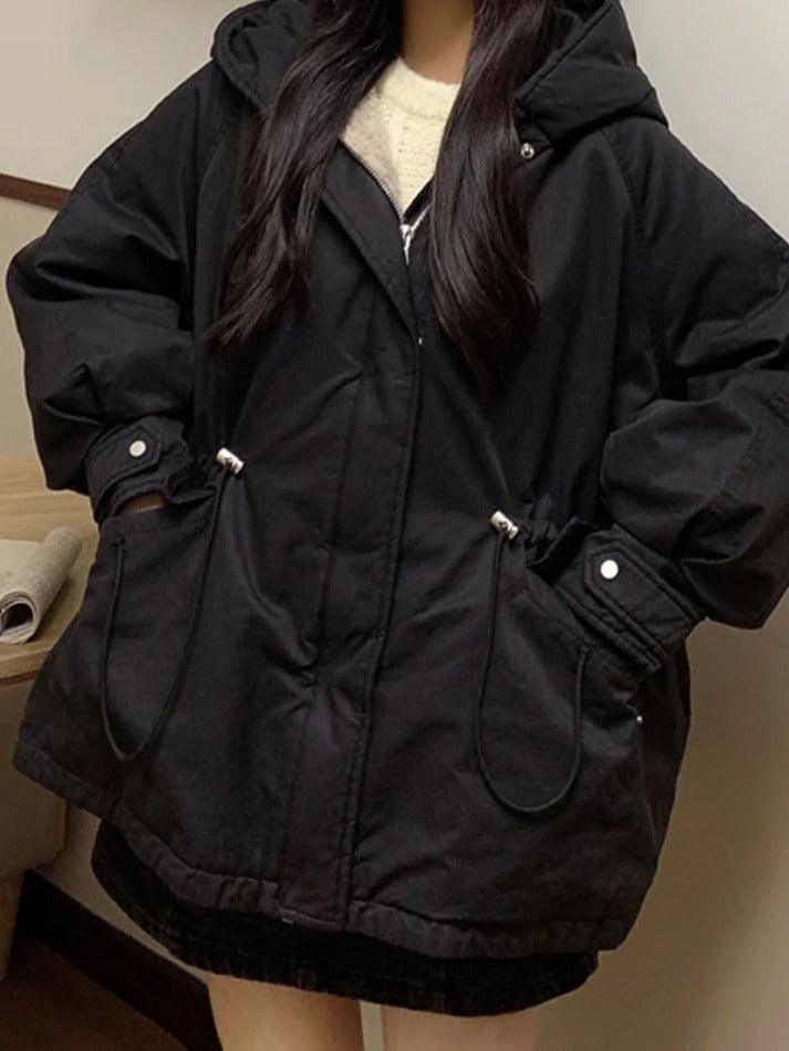 Style Core Aesthetics, New Style Trends - Solid Hooded Drawstring Flap Detail Jacket