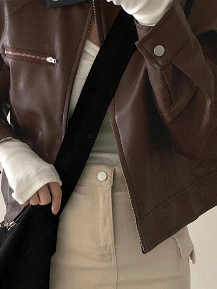 Style Core Aesthetics, New Style Trends - Solid Zip Up Leather Jacket