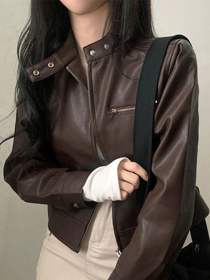 Style Core Aesthetics, New Style Trends - Solid Zip Up Leather Jacket