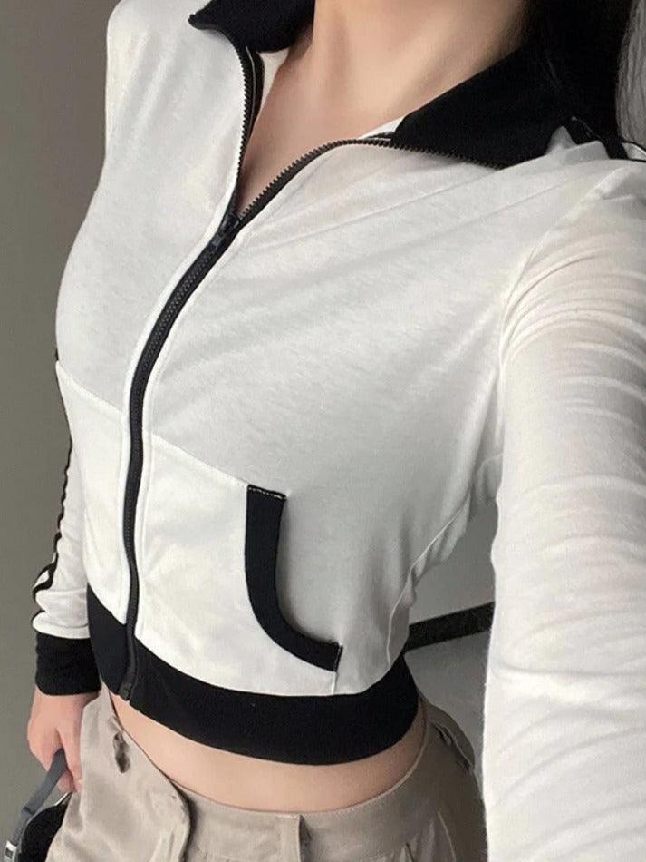 Style Core Aesthetics, New Style Trends - Sporty Contrast Color Collar Neck Thin Jacket