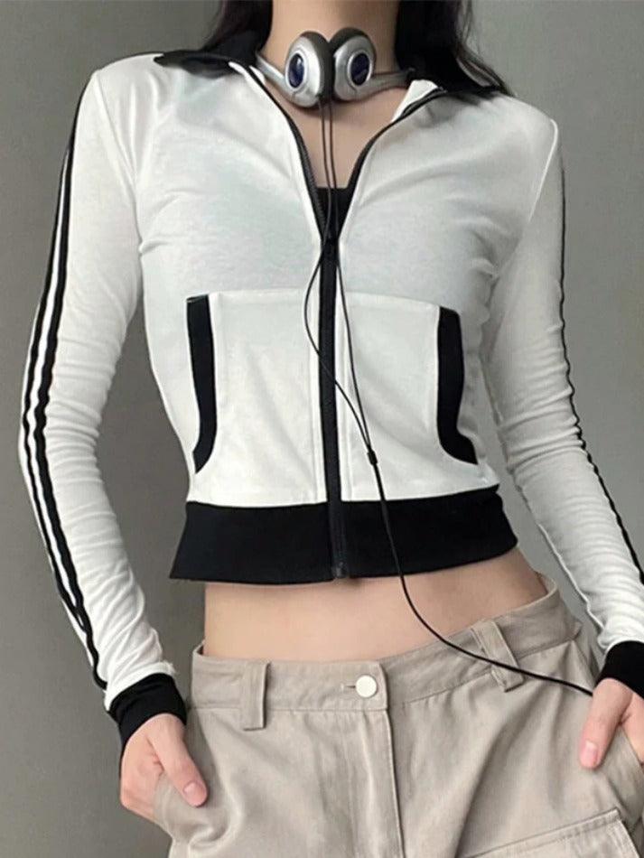 Style Core Aesthetics, New Style Trends - Sporty Contrast Color Collar Neck Thin Jacket
