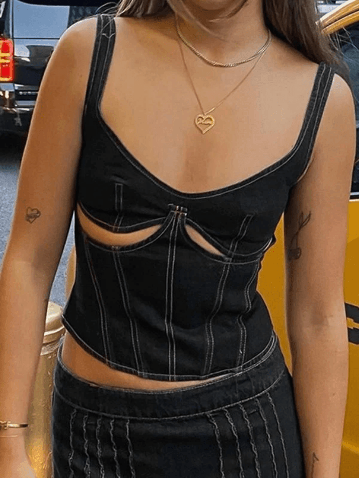 Style Core Aesthetics, New Style Trends - Stitched Detail Cutout Denim Cropped Tank Top