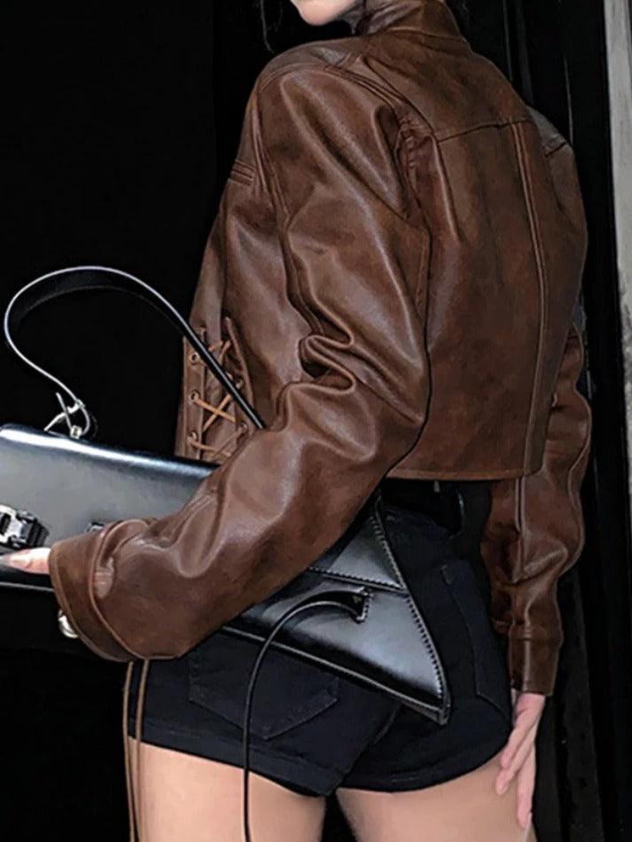 Style Core Aesthetics, New Style Trends - Street Tie Front Slim Motorcycle Leather Jacket
