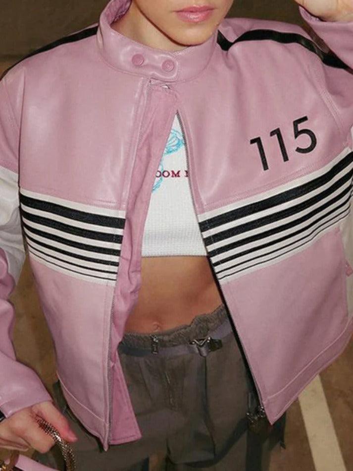 Style Core Aesthetics, New Style Trends - Striped Contrast Color Splice Leather Jacket