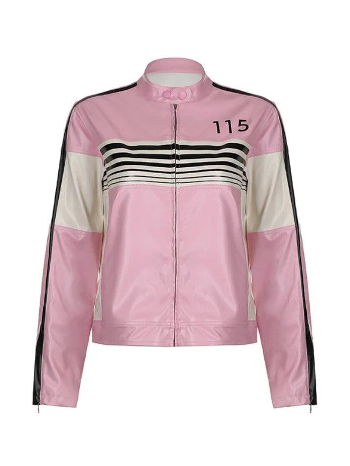 Style Core Aesthetics, New Style Trends - Striped Contrast Color Splice Leather Jacket