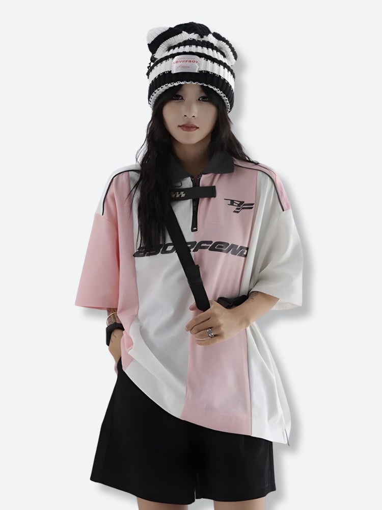 Style Core Aesthetics, New Style Trends - Striped Half Zip-Up Jersey Top