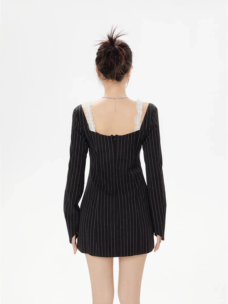 Style Core Aesthetics, New Style Trends - Striped Lace Strap Bow Mini Dress